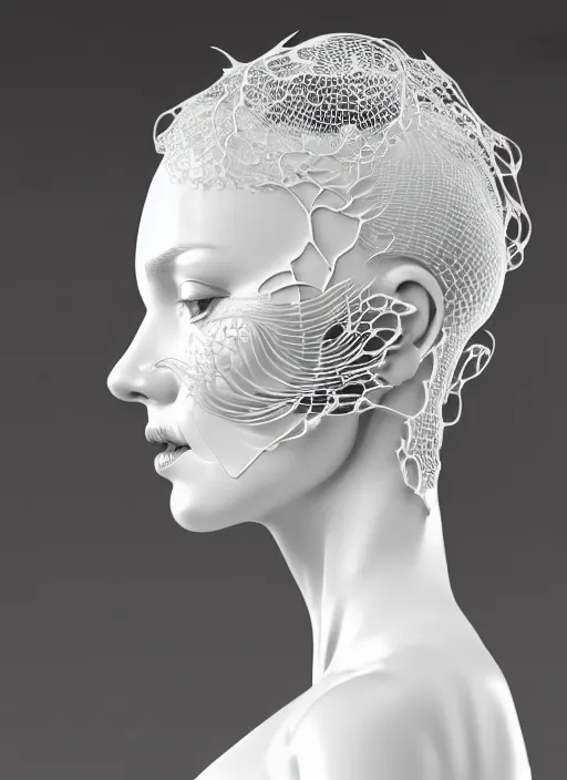 Prompt: complex 3d render ultra detailed of a beautiful porcelain profile woman face, white background, mechanical cyborg, 150 mm, beautiful natural soft light, rim light, studio light, silver gold details, magnolia big leaves and stems, roots, fine foliage lace, mesh wire, intricate details, hyperrealistic, mandelbrot fractal, Alexander Mcqueen haute couture, anatomical, red lips, white metal armor, facial muscles, cable wires, microchip, elegant, octane render, H.R. Giger style, 8k