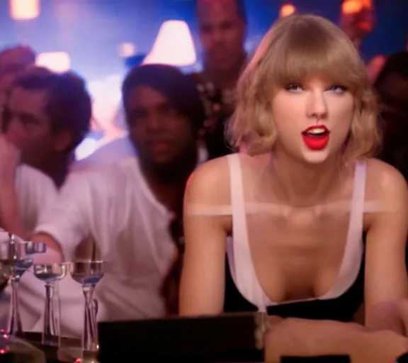 Prompt: a movie still of taylor swift in a club sitting with cocaine in the movie scarface 2 0 4 9