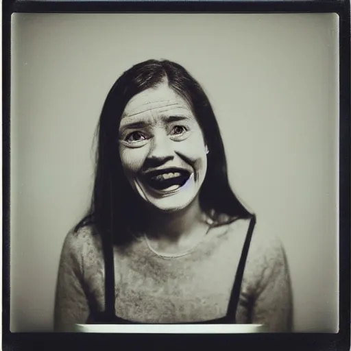 Prompt: portrait of a smiling woman with too many teeth. hundreds of teeth. hq photo, surreal, harsh lighting. polaroid type 6 0 0. fear. unnerving. menacing. supernatural