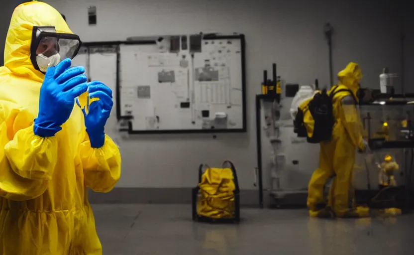 Prompt: a person in a yellow hazmat suit handling a teddy bear with oversized gloves in a dark laboratory, hazy atmosphere, sharp focus, moody lighting, imax, dystopian