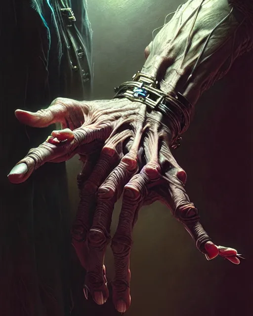 Prompt: human hand anatomy for artists fantasy character portrait, ultra realistic, cinematic, concept art, wide angle, intricate details, hologram, highly detailed by greg rutkowski, aaron horkey, gaston bussiere, craig mullins, simon bisley, arthur rackham