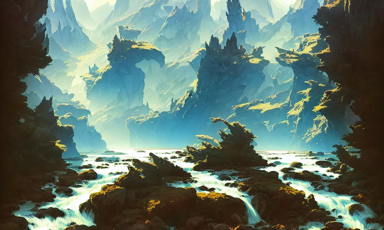 Image similar to Mountain river flows through a fantasy landscape gorge. A big blue lake in the middle of the mountains. Fabulous nature, amazing seascape, highly detailed, digital painting, artstation, concept art, smooth, sharp focus, illustration, art by greg rutkowski and alphonse mucha