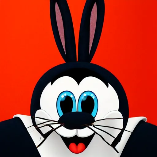 Image similar to A extremely highly detailed majestic hi-res beautiful, highly detailed head and shoulders portrait of a scary terrifying, horrifying, creepy black cartoon rabbit with a bowtie and scary big eyes, earing a shirt laughing, hey buddy, let's be friends, in the style of Walt Disney