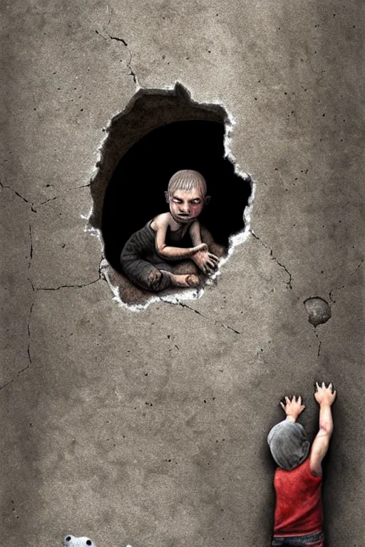 Image similar to giant crack hole on the brick concrete wall, child with dirty face watching from inside the crack reaching towards camera hand is holding a dirty ealistic teddybear. gloomy, intricate, elegant, highly detailed, digital painting, artstation, concept art, addiction, chains, smooth, sharp focus, illustration, art by ilja repin and greg rutkowski