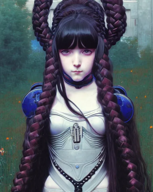 Prompt: portrait of beautiful cute young goth maiden anime girl with braided hair in warhammer mechanical armor, high details, art by ( ( ( kuvshinov ilya ) ) ) and wayne barlowe and gustav klimt and artgerm and wlop and william - adolphe bouguereau