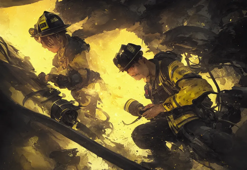 Prompt: heroic firefighter in action in black and yellow uniform, sharp details, sharp focus, dynamic, highly detailed, illustration, by jordan grimmer and greg rutkowski and pine ( ハイネ ) and 薯 子 imoko and 香 川 悠 作 and wlop and maya takamura, intricate