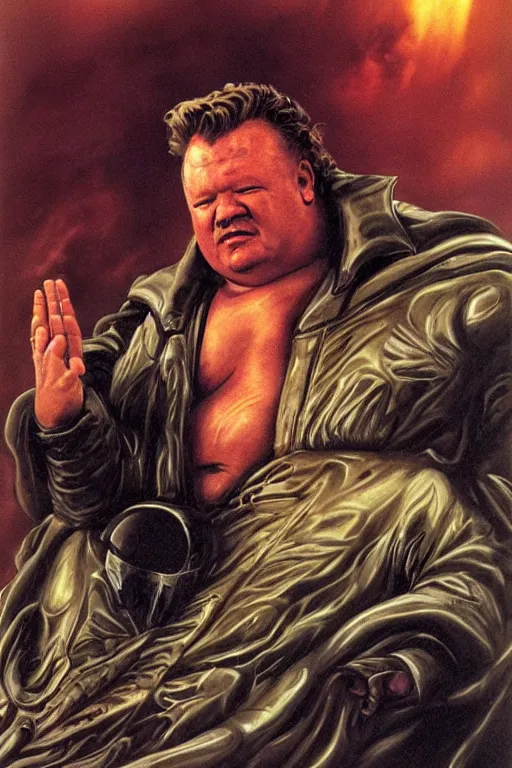 Image similar to ray winstone as baron harkonnen sitting on throne in dystopian science fiction hall in 1982 movie dune, by boris vallejo