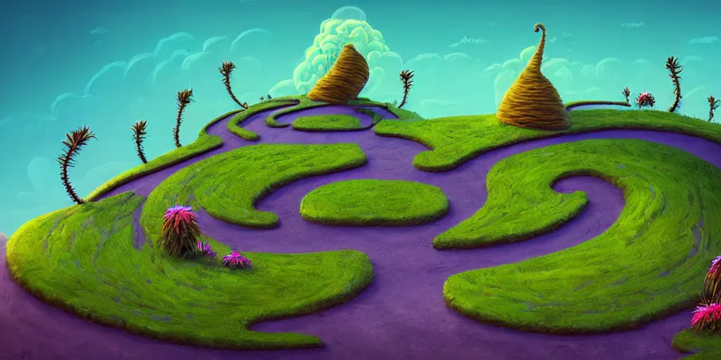 Image similar to dark tones, curled perspective digital art of spiral clouds cobblestone street with wildflowers top of a hill with spiral palmtrees by anton fadeev from nightmare before christmas. horton hears a who!