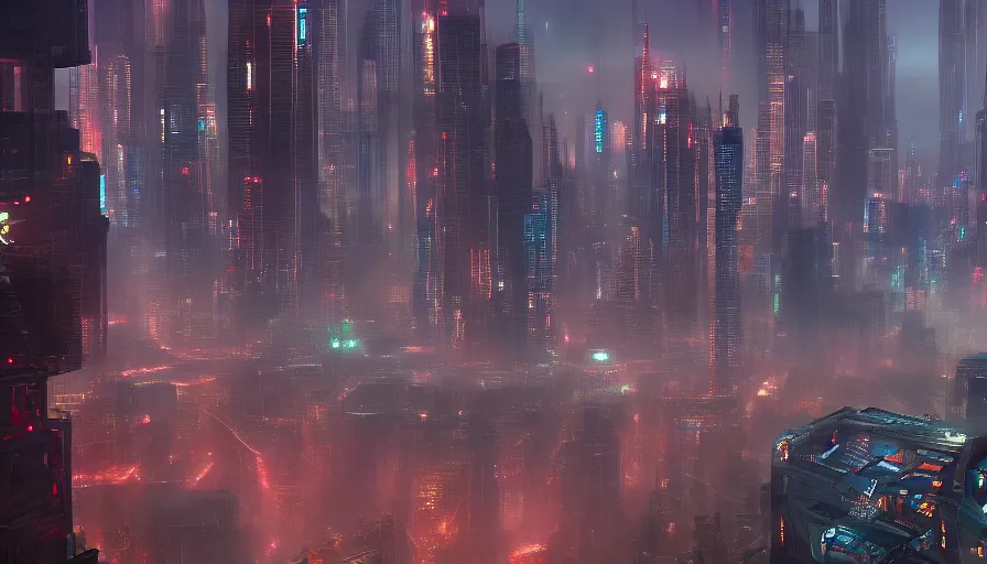 Prompt: giant cyberpunk megacity, very long shot, enviroment, extremely detailed, jama jurabaev, greig fraser, roger deakins, shaddy safadi, feng shu, neil blevins, trending on artstation, high quality, brush stroke