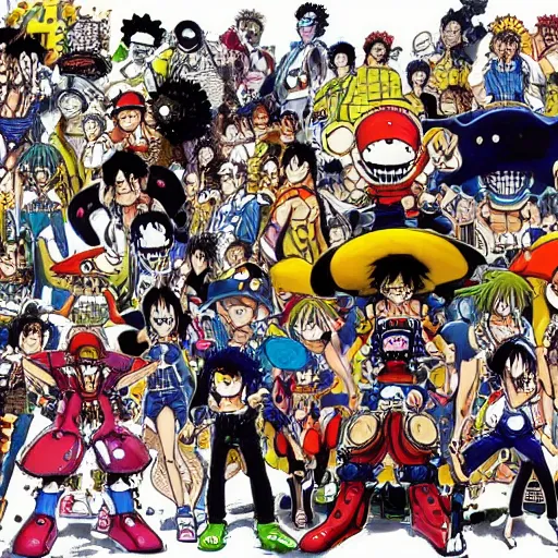 Image similar to a high detalied color splashpage artwork of a group of mechas controled by young manga characters, drawed by Eiichiro Oda, one piece