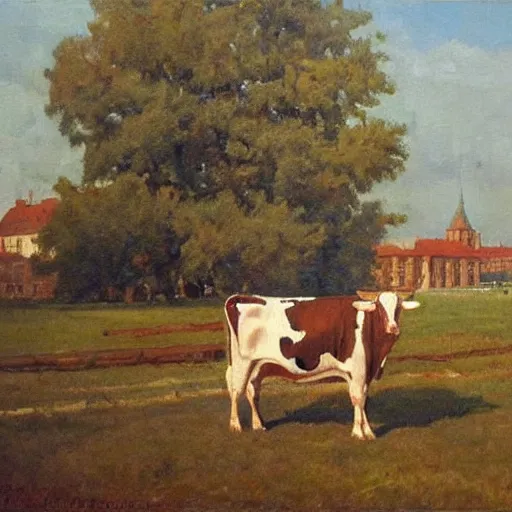 Image similar to painting by zorn, cow wearing!!! clothes!!! jeans!!! standing next to royal castle!!