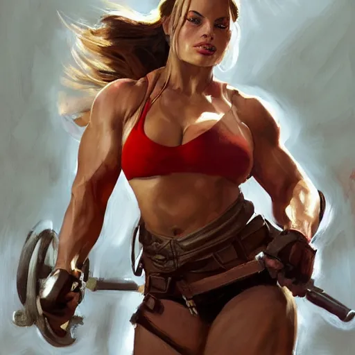 Image similar to greg manchess portrait of margot robbie as thick female bodybuilder lara croft wearing red armour, epic grimdark, fantasy, medium shot, asymmetrical, profile picture, organic painting, sunny day, matte painting, bold shapes, hard edges, street art, trending on artstation, by huang guangjian and gil elvgren and sachin teng