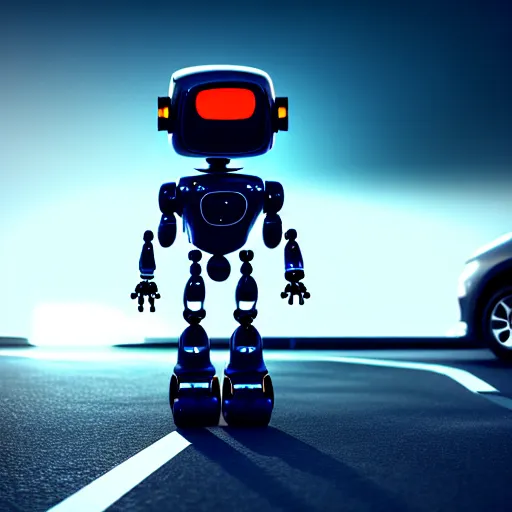 Image similar to a cute little robot in front of a car. super realistic 8 k render of a dark hooded powerful elegant, cinematic composition