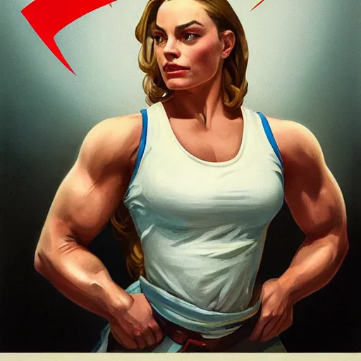 Prompt: socialist realism propaganda poster of margot robbie as beautiful female very muscular weightlifter from overwatch, portrait, profile picture, socialist realism, highly detailed, intricate, digital painting, artstation, sharp focus, illustration, art by jakub rozalski, greg rutkowski, artgerm, tan zi and ayanamikodon and alphonse mucha and wlop