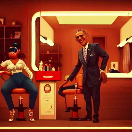 Prompt: illustration of nicki minaj sitting next to barack obama in a 6 0's vintage barbershop. symmetry, cinematic scene. ambient lighting, brownish colors, hyper detailed. octane render. concept art. trending on artstation.