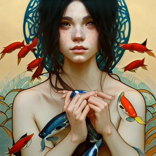 Image similar to Portrait of a girl surrounded by Koi fish, face, fantasy, intricate, elegant, highly detailed, digital painting, artstation, concept art, smooth, sharp focus, illustration, art by Loish and greg rutkowski and alphonse mucha