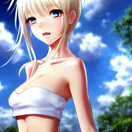 Image similar to tiny father a tall daughter picture : a very beautiful young blond macro anime girl with a tiny father, sky blue eyes, bikini, white miniskirt, highly detailed, cinematic wallpaper by stanley artgerm lau