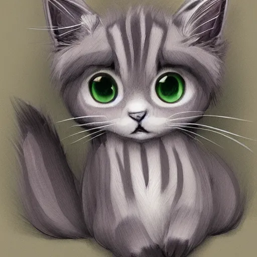 Prompt: kawaii greystriped cat looking cute, concept art, highly artstation, detailed, cartoon