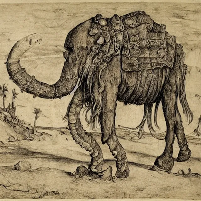 Prompt: a detailed, intricate drawing of a heavily armored mammoth on a beach, by albrecht durer