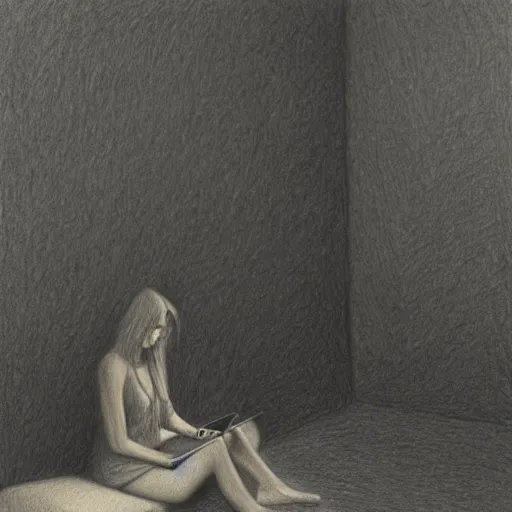 Prompt: highly detailed charcoal drawing of woman sitting on the carpeted floor beside a bed, working on her laptop by aron wiesenfeld