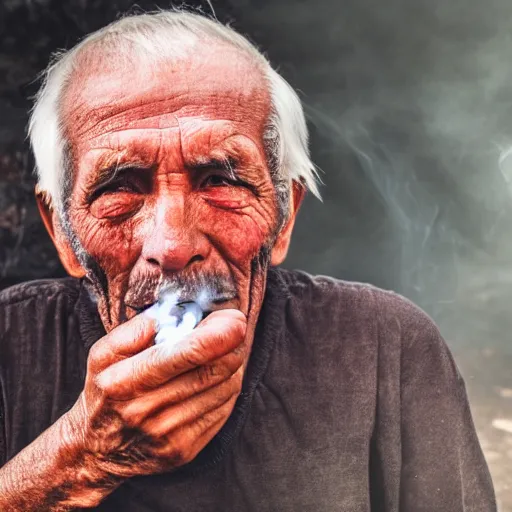 Prompt: a old man, red eyes, in smoking, looking on the camera