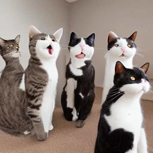 Image similar to a apartment full of cats singing hyperrealism