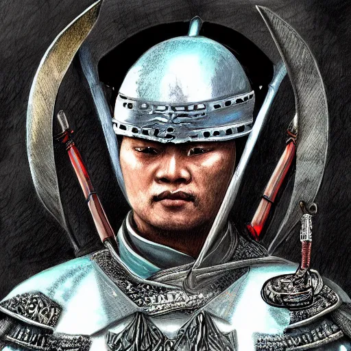 Prompt: portrait of a wuxia warrior in detailed ceremonial armour. digital art. high detail. sharp focus. high resolution. dungeons and dragons
