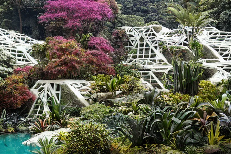 Image similar to brutalist white Aztec structures, manicured garden of eden, vivid pools and streams, tropical foliage, bromeliads, azaleas, Japanese maples, birds, sculpture gardens, Winter, by Jessica Rossier and Brian Froud