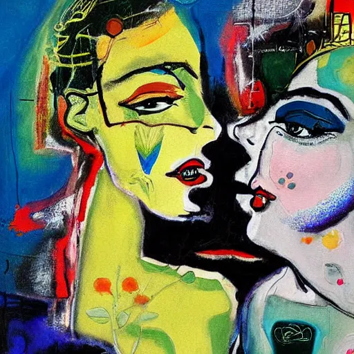 Image similar to beautiful painting of two bizarre psychedelic goth women kissing each other closeup in a cafe in japan, speculative evolution, mixed media collage by basquiat and jackson pollock, magazine collage art, sapphic art, lesbian art