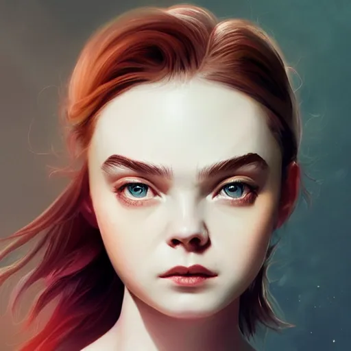 Image similar to portrait of modern darna, elle fanning in prey, intricate, elegant, dark vibes, highly detailed, digital painting, artstation, glamor pose, concept art, smooth, sharp focus, illustration, art by wlop, mars ravelo and greg rutkowski