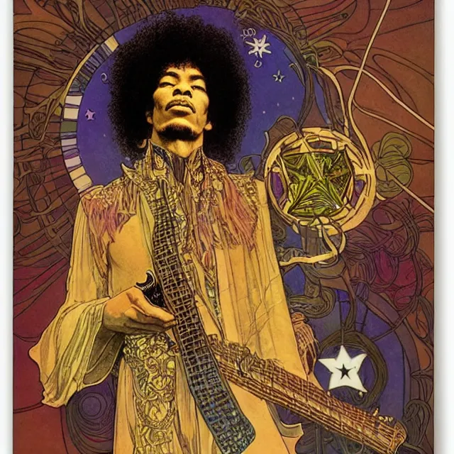 Image similar to vintage record cover by Franklin Booth and Edmund Dulac showing a portrait of Jimi Hendrix as a futuristic space shaman, Alphonse Mucha background, futuristic electric guitar, star map, smoke, platonic solids