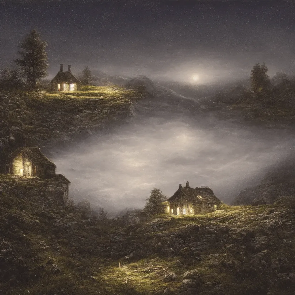 Prompt: A singular rotting cottage on a mountaintop at night, by Lee Madgwick, hyperrealistic, V-Ray 8k UHD