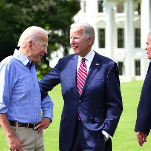 Prompt: Joe Biden and George W. Bush converse on the White House Lawn. 2022. AP Photo