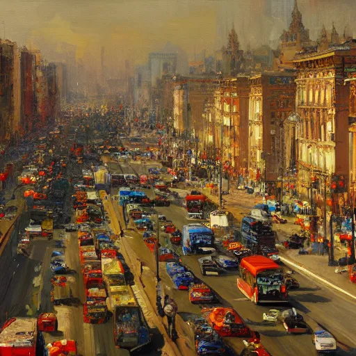 Image similar to A clutter scene of city traffic, maximalism, symmetry, high visual detail, photorealistic, by Ilya Repin and Asher Duran, artstation