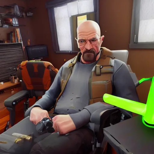 Prompt: realistic gamer walter white in real life on a gaming chair playing fortnite on his pc