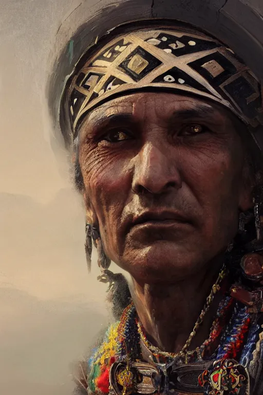 Image similar to aztec priest, close - up portrait, devoted, intricate, elegant, volumetric lighting, scenery, digital painting, highly detailed, artstation, sharp focus, illustration, concept art, ruan jia, steve mccurry