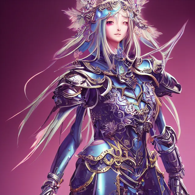 Image similar to studio portrait of lawful good colorful female holy mech paladin as absurdly beautiful, elegant, young sensual anime girl, ultrafine hyperrealistic detailed face illustration by kim jung gi, irakli nadar, intricate linework, sharp focus, bright colors, matte, octopath traveler, final fantasy, unreal engine highly rendered, global illumination, radiant light, intricate environment