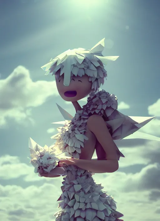 Image similar to background edge of space with puffy clouds are dusk, 🍆🌈♥ anthropomorphic paper woman wrapped in a flowing couture tissue paper, paper chrysanthemums, many origami stars, eery light, 3 d, very detailed, octane render, trending artstation, artgem