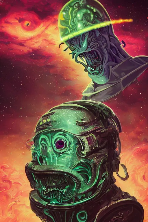 Prompt: rick and morty fused with lovecraft and vader helmet and the blob and space pirate zombie, realistic portrait, high details, intricate details, by vincent di fate, artgerm julie bell beeple, 90s, Smooth gradients, octane render, 8k, volumetric lightning, photo, High contrast, duo tone, depth of field, very coherent symmetrical artwork
