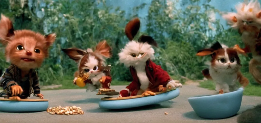 Image similar to mogwai gizmo and rufio skateboarding inside a cereal bowl, movie still, 8 k, hd, from the new honey i shrunk the kids movie