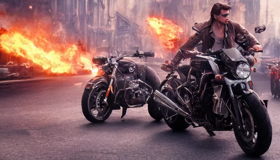 Image similar to a highly detailed epic cinematic concept art CG render digital painting artwork: powerful motorcycle design in the streets of fire movie 8k