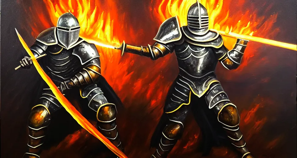 Image similar to An oil painting of a knight in dark metal armor wielding a flaming sword