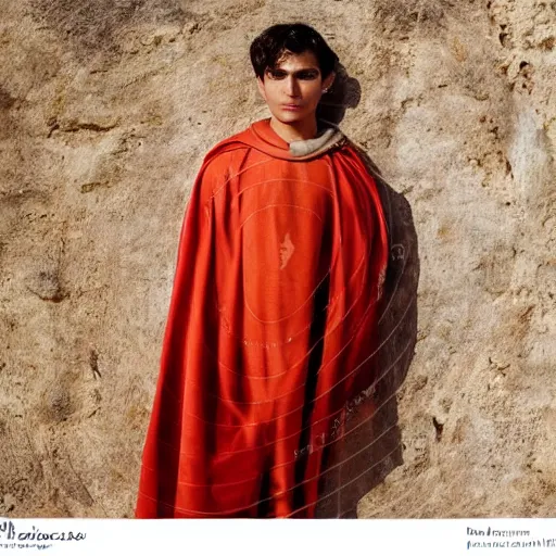 Image similar to award winning cinematic still portrait of handsome 17 year old Mediterranean skinned man in Ancient Canaanite clothing, colorful cloak, short hair, Biblical epic directed by Steven Spielberg
