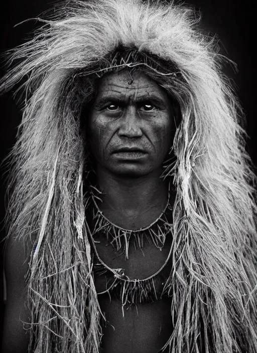 Image similar to Award winning Editorial photo of a Native Nauruans with incredible hair and beautiful hyper-detailed eyes wearing traditional garb by Lee Jeffries, 85mm ND 5, perfect lighting, gelatin silver process