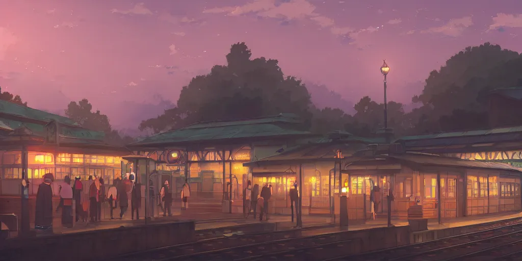 Prompt: at a train station, evening, detailed matte painting, low angle view, telephoto lens, bokeh, studio ghibli, artstation