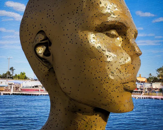 Image similar to a giant sculpture of an abstractly shaped head with stars around it on the water, in the style of chad knight, award winning, cinematic, hyper - realistic, very detailed, realistic water splashes, ray tracing, 8 k resolution, long - shot, sharp focus, low angle, 8 5 mm photograph, wide lens