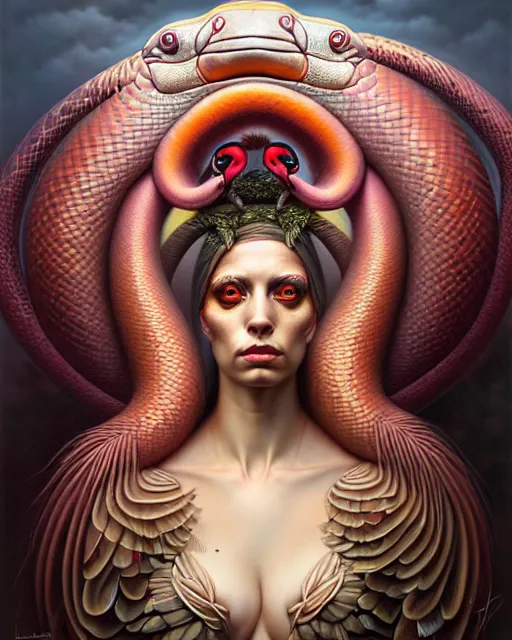 Image similar to a detailed portrait of dreampunk flamingo python hybrid mix goddess by tomasz alen kopera and peter mohrbacher