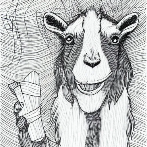Prompt: a goat holding a churro in its mouth, high quality line art