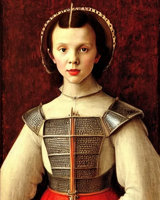 Image similar to medieval portrait of millie bobby brown dressed as a knight, in the style of eugene de blaas