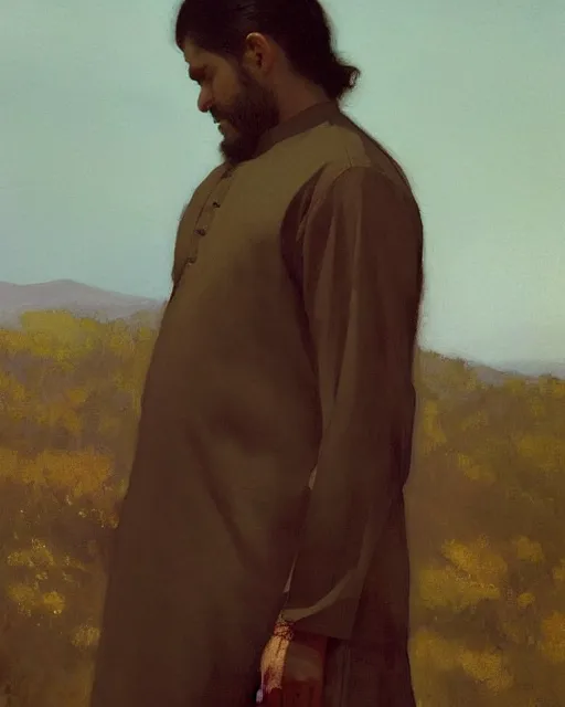 Image similar to a guy in a kurta waiting for his love to come, art by greg rutkowski, gustave courbet, rosa bonheur, edward hopper. faithfully depicted facial expression, perfect anatomy, sharp focus, global illumination, radiant light, detailed and intricate environment, trending on artstation